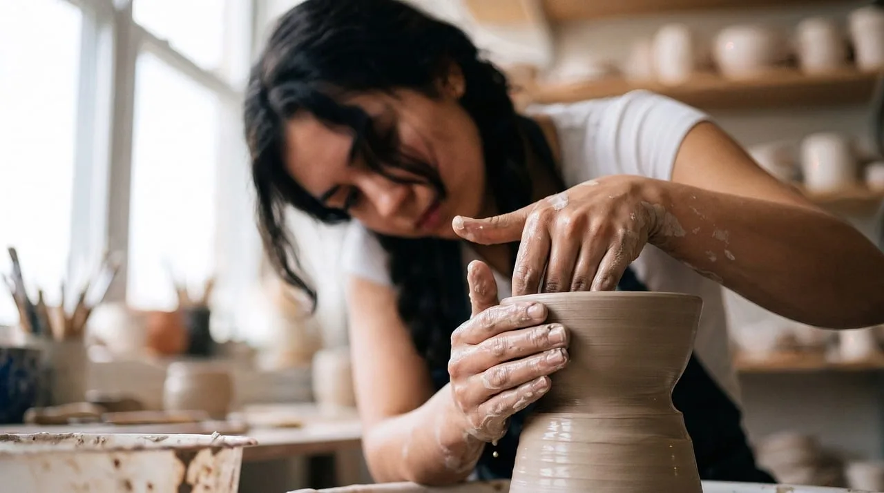 ceramics, pottery wheel, clay, woman, artist, artisan, handmade, studio, creativity, focus, hands, creating, shaping, wet, workshop, concentration, messy, skill, art. Comparing pottery wheels for a first class often comes down to the bat system