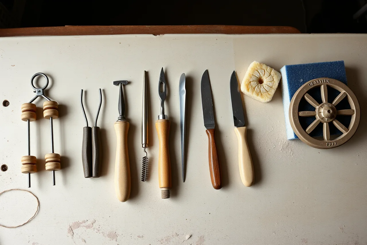 Six ceramics hand tools plus sponge and brayer on a workbench (Checklist for outfitting a first ceramics project with six hand tools)