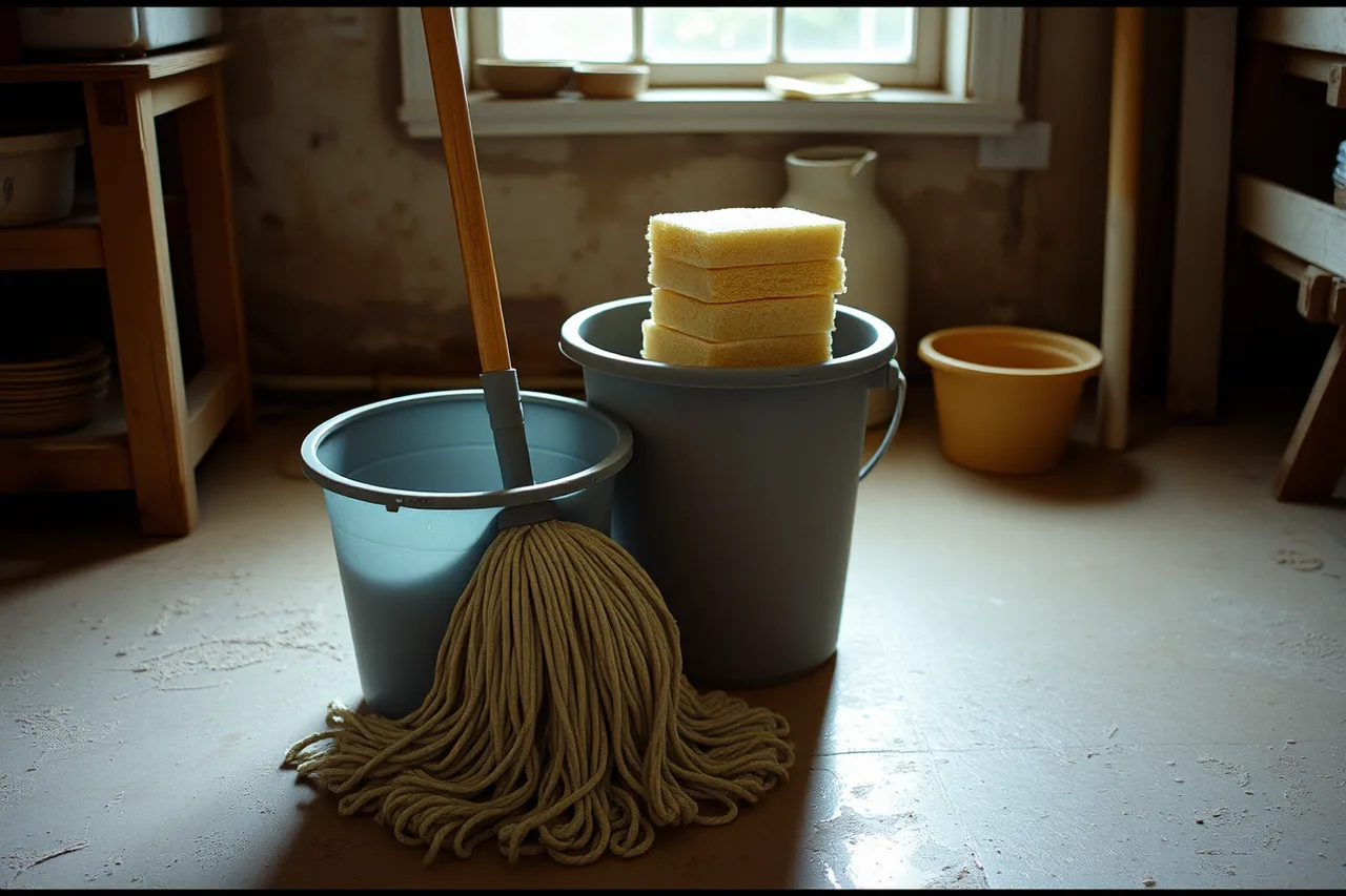 Mop, bucket and sponges on a clay-dusted studio floor (Home pottery costs in a small space: what the budget actually covers)