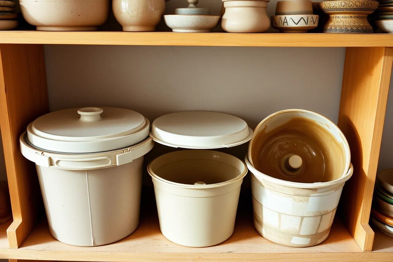 Lidded plastic tubs of clay, reclaim and glaze with dated labels (Home pottery costs in a small space: what the budget actually covers)