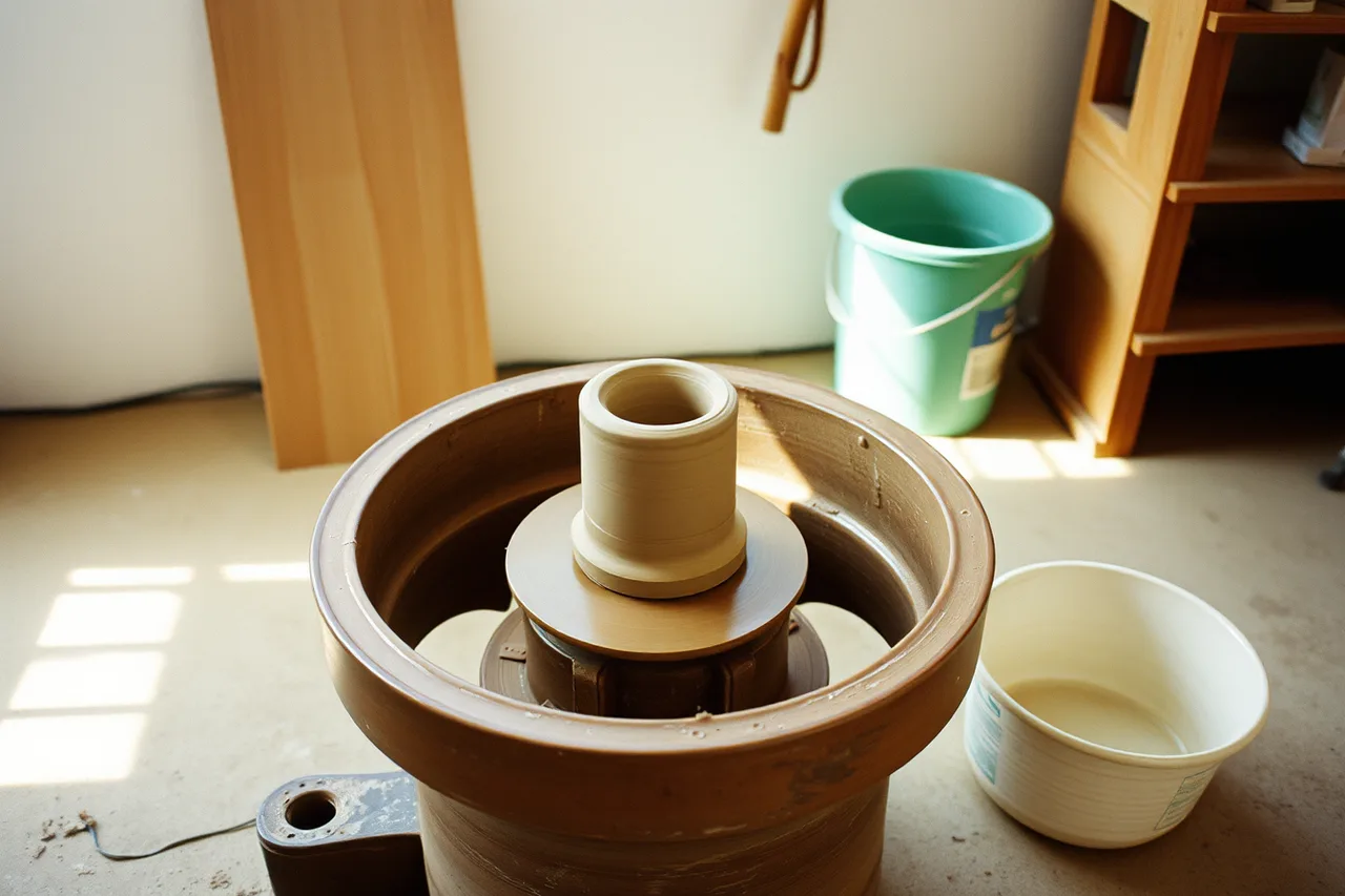 Potter's hands pinching a rising clay cylinder wall on a spinning wheel (A weekend pottery wheel plan built around centering, not finished cylinders)