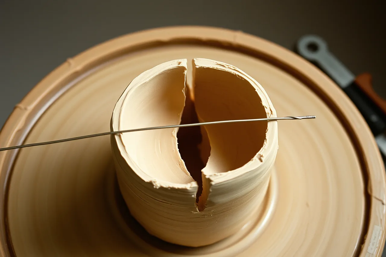 Halved clay cylinder showing wall thickness after wire cutting (A weekend pottery wheel plan built around centering, not finished cylinders)