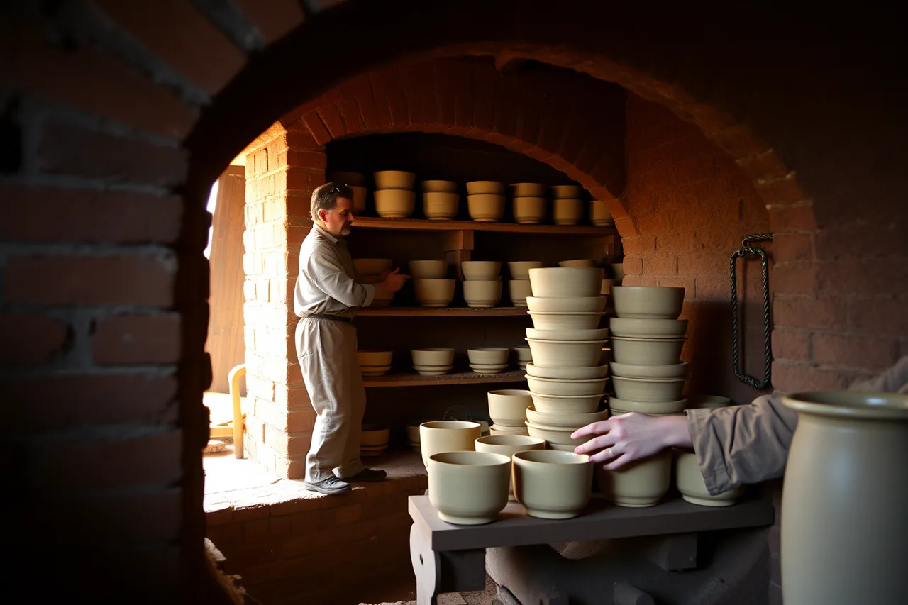 Potter stacking pots inside a brick wood-fired kiln (Beginner project: what a weekend of studio visits actually teaches)
