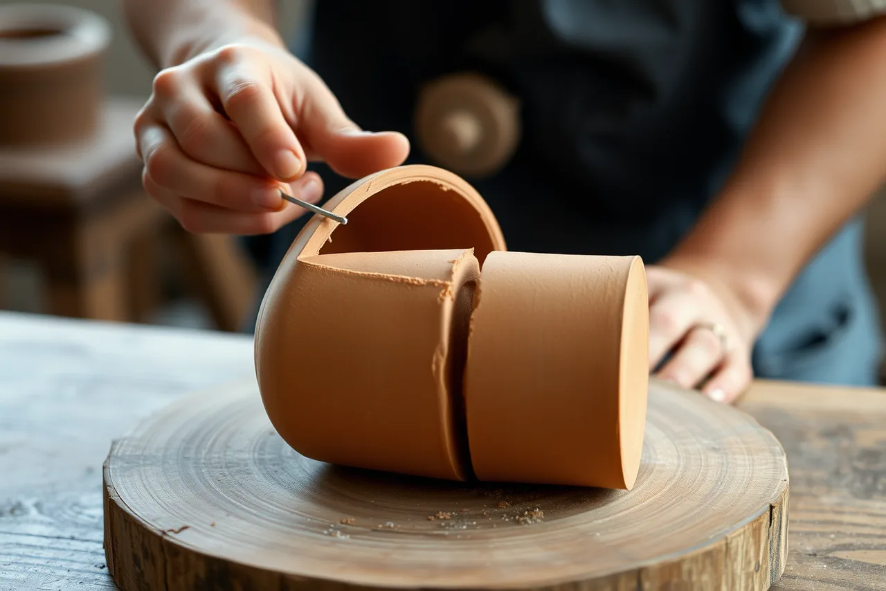 A clay cylinder cut in half with a wire showing wall thickness (Why can a weekend of pottery studio practice only finish one form?)