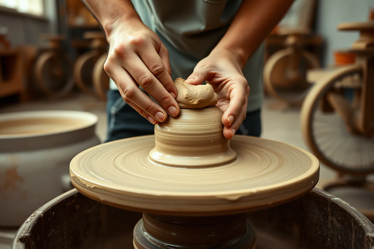 Beginner centring a clay mound on a spinning pottery wheel (Community recreation vs college ceramics programmes across Canadian provinces)