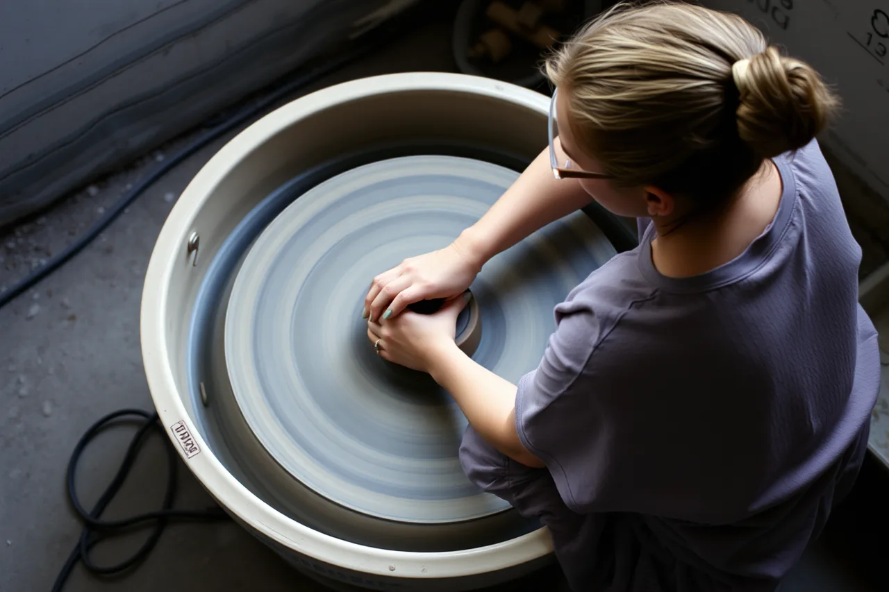 Potter at wheel with tied hair, safety glasses, hands on clay (4 points on beginner pottery wheels that matter)