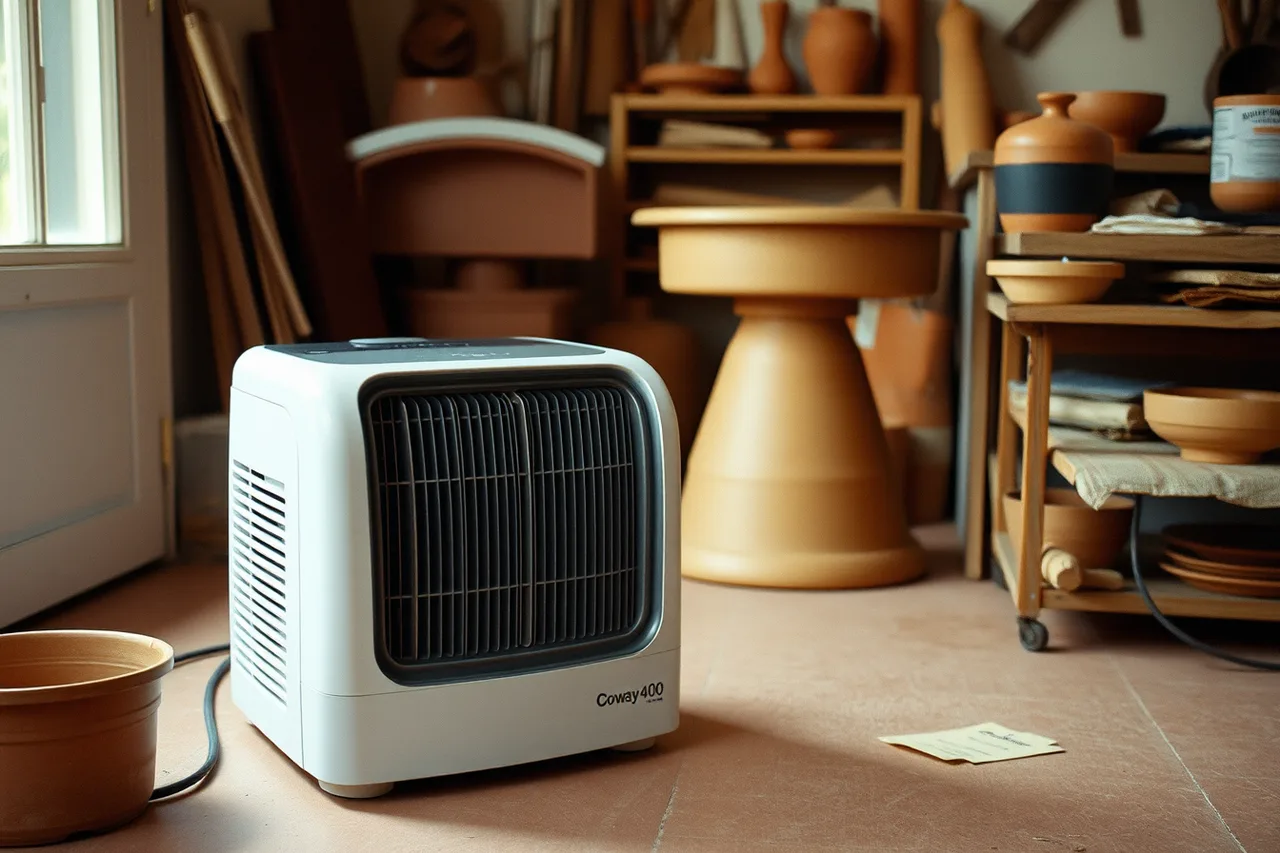Coway Airmega 400 air purifier in a home pottery studio (Best Air Purifier for Pottery Dust in a Home Studio)