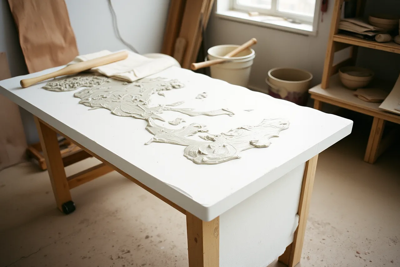 Plaster table with wet clay reclaim slop drying on its surface (Plaster earns a place in a home pottery studio that wood and canvas cannot)