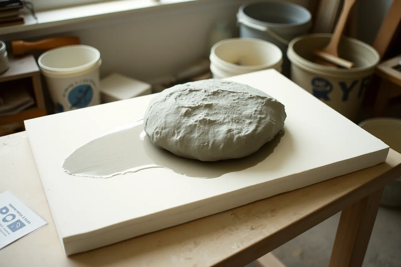 Clay on a plaster wedging slab drawing out water (Work surface choice: how it heads off several common studio mistakes)
