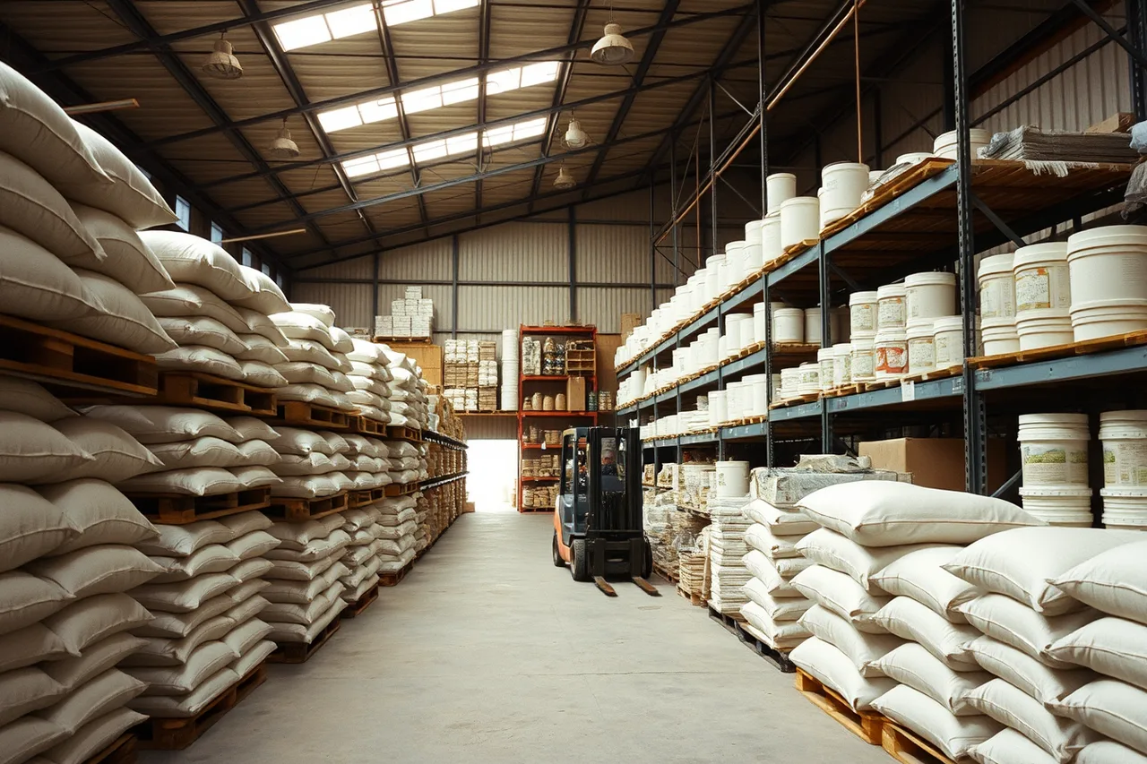 Stacked clay bags and glaze buckets inside a Canadian pottery supply warehouse (Where to Buy Pottery Supplies in Canada Without US Shipping Markups)