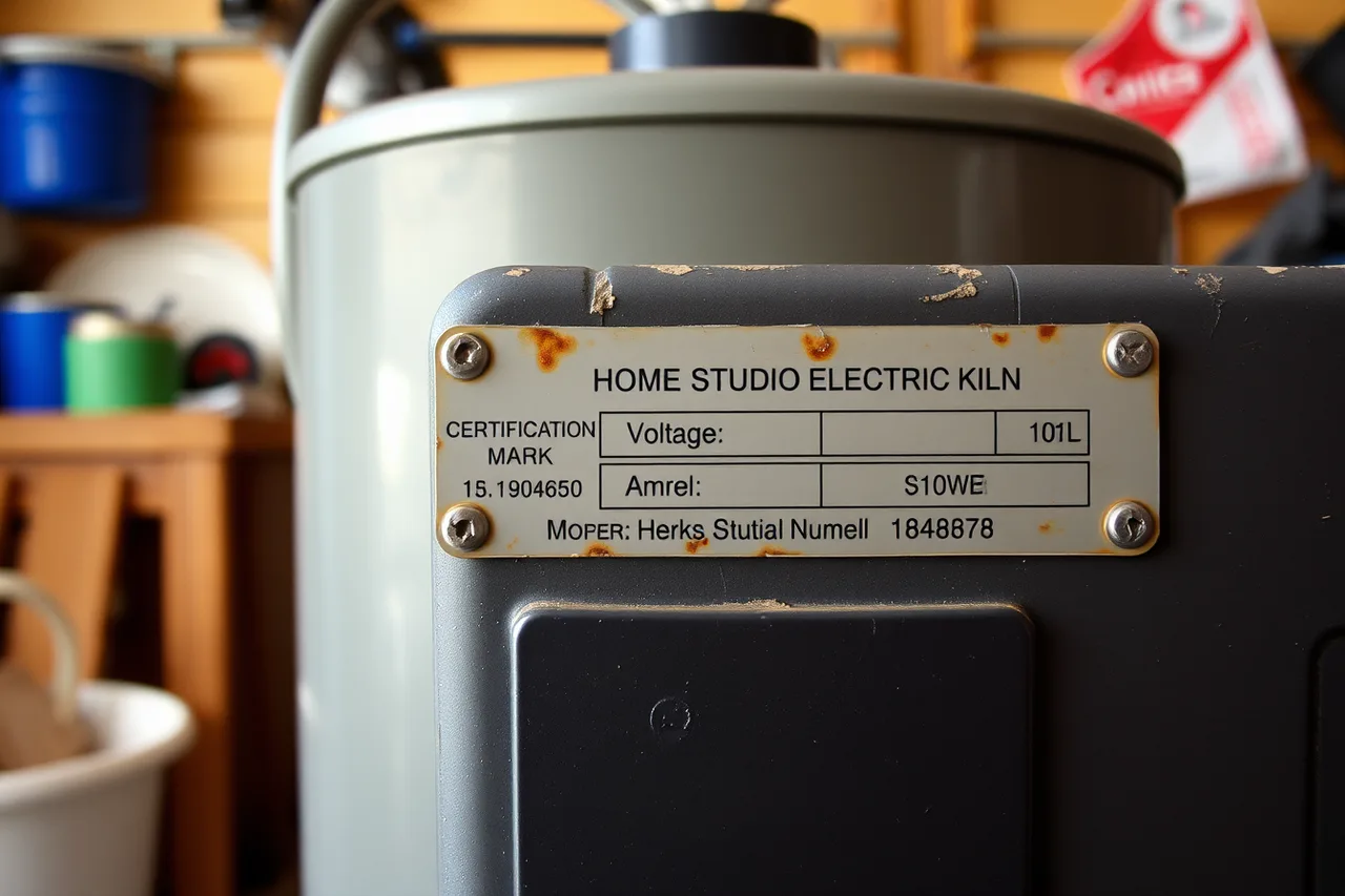 Metal kiln nameplate showing certification mark, voltage, amperage and wattage (CSA-approved kilns in Canada: marks, nameplates and permit basics)