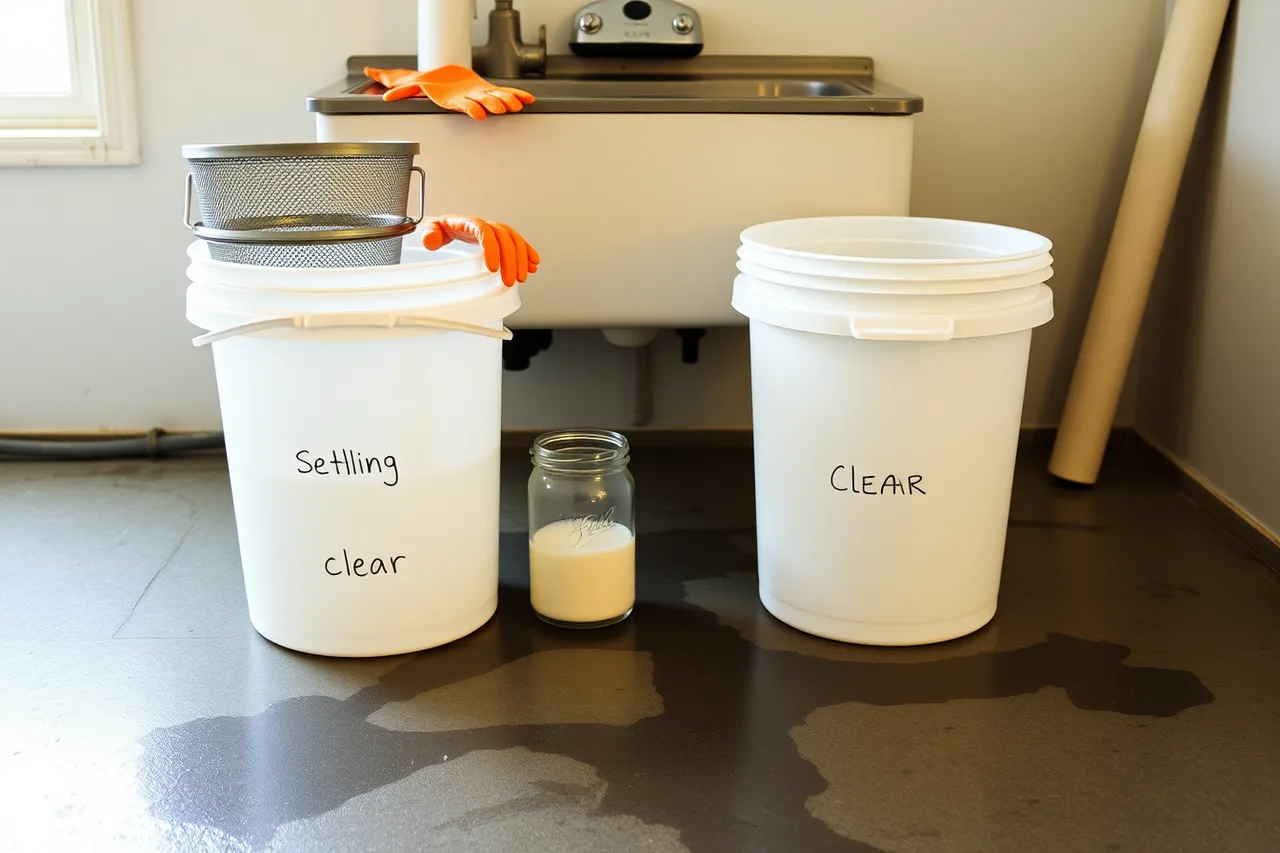 Two labeled five-gallon buckets, sieve, jar and gloves at a studio sink (How to Dispose of Clay Water and Glaze Waste in a Home Studio)
