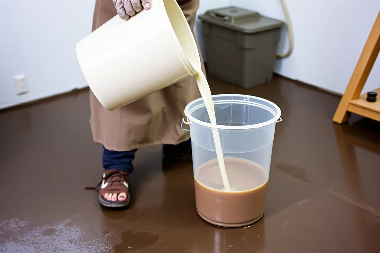 Potter pouring settled clay water into a clear bucket, sludge visible below (How to Dispose of Clay Water and Glaze Waste in a Home Studio)
