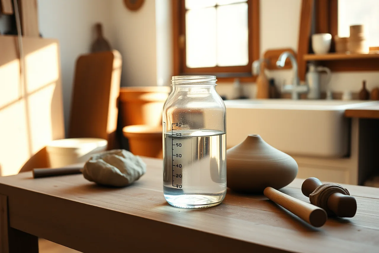 Clear water jar held against newsprint with headline visible through it (How to Dispose of Clay Water and Glaze Waste in a Home Studio)