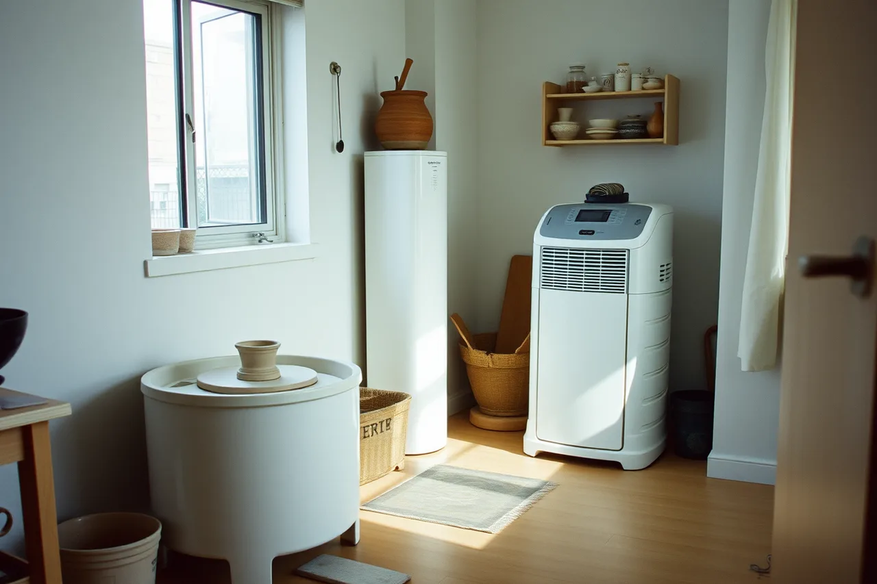 HEPA air purifier beside a pottery wheel in a condo studio (Silica dust and ventilation in a Toronto condo pottery studio)