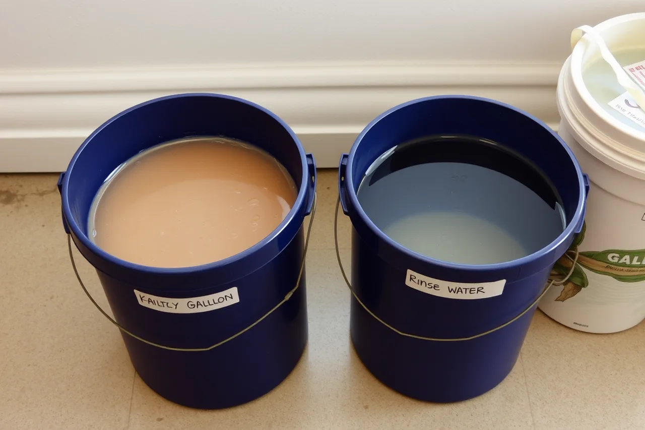 Two labelled settling buckets for clay water in a condo studio (Silica dust and ventilation in a Toronto condo pottery studio)