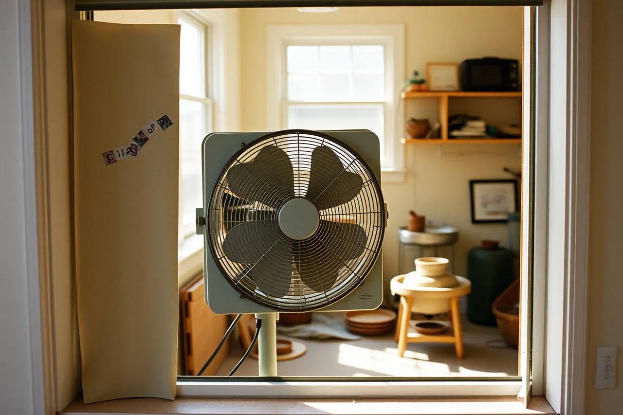 Window fan in a sealed rigid panel exhausting a condo pottery room (Silica dust and ventilation in a Toronto condo pottery studio)