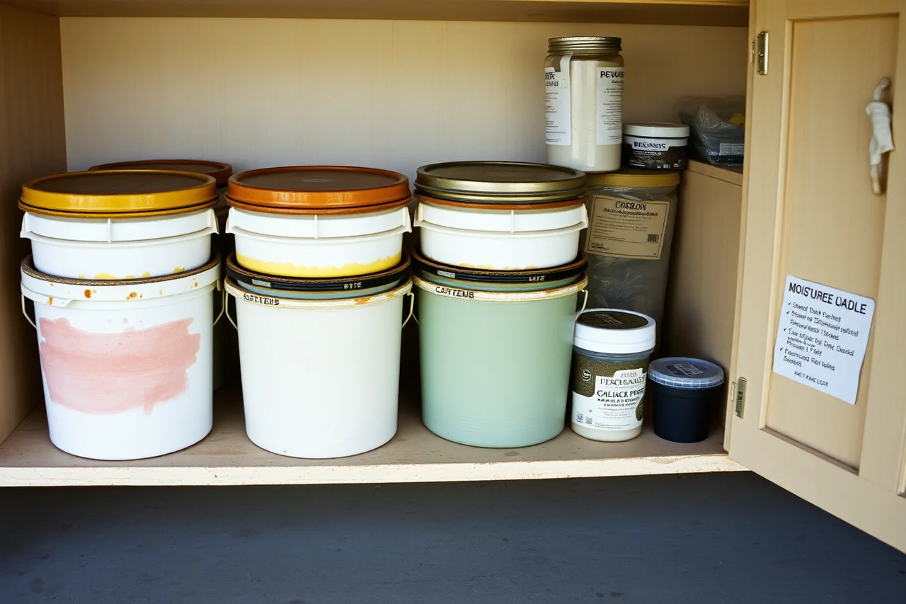 Sealed glaze buckets and dry materials on shelf (Firing through a British Columbia winter with garage kilns and drying schedules)