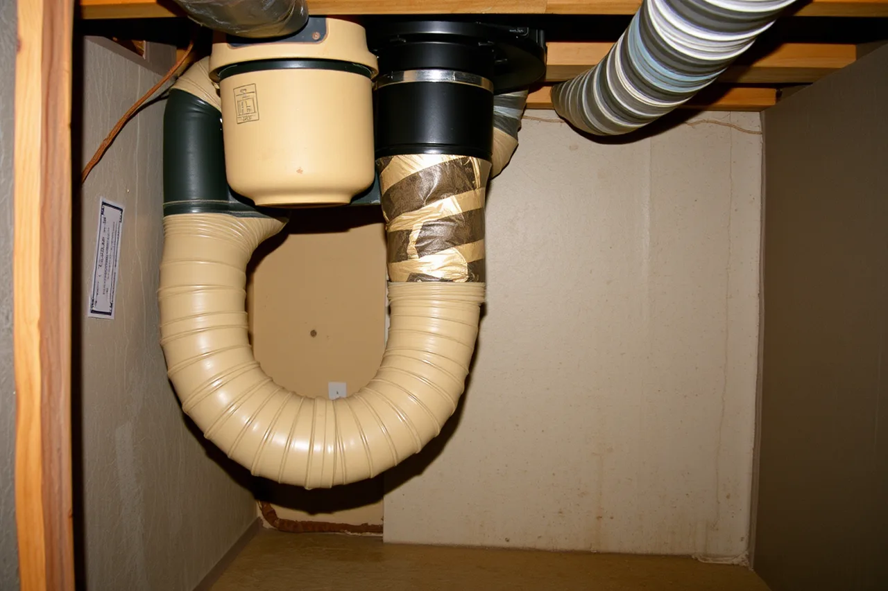 Downdraft vent duct connected to a basement kiln exhausting outside (How Canada's electrical and fire codes shape a home kiln install)