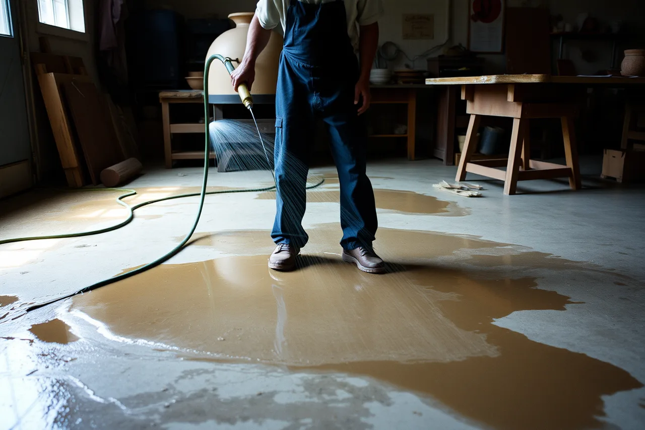 Potter hosing down a wet ceramics studio floor (4 details of home kiln setup mistakes people miss)