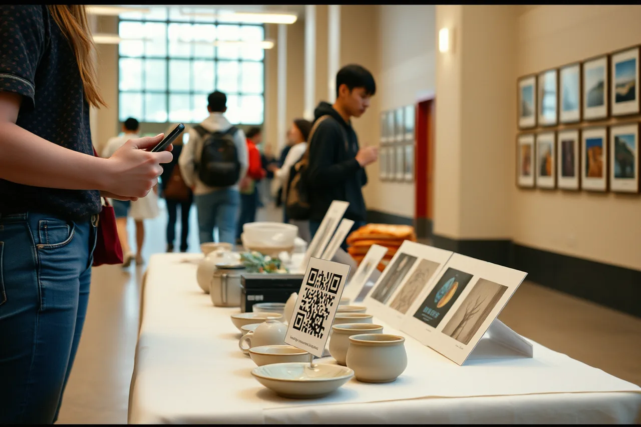 Student art sale table with QR code payment sign and buyer scanning (What do independent makers actually do to sell their pottery?)