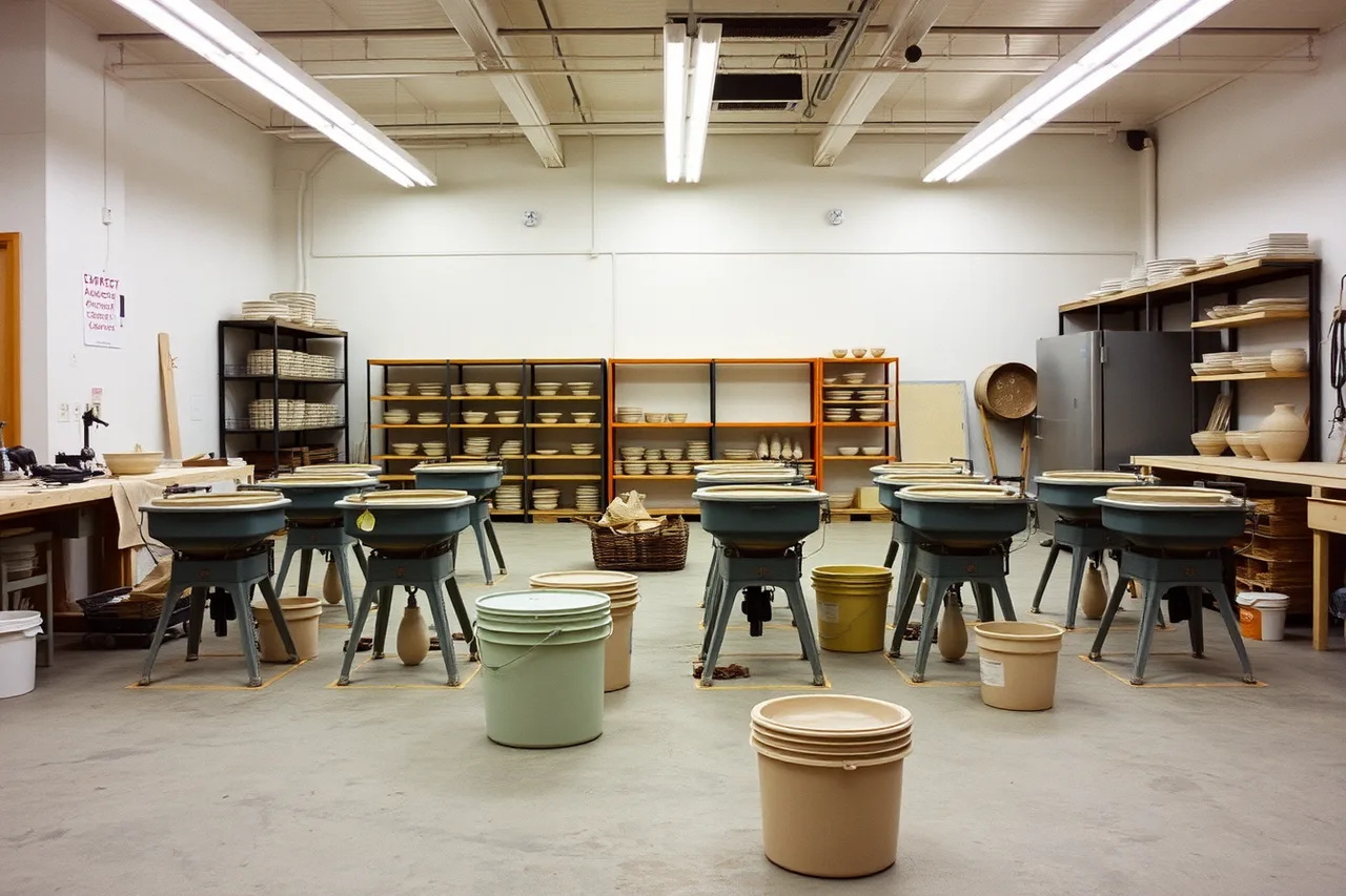Row of pottery wheels and buckets inside a shared ceramics studio (Renting the expensive part of home pottery, and owning the rest yourself)
