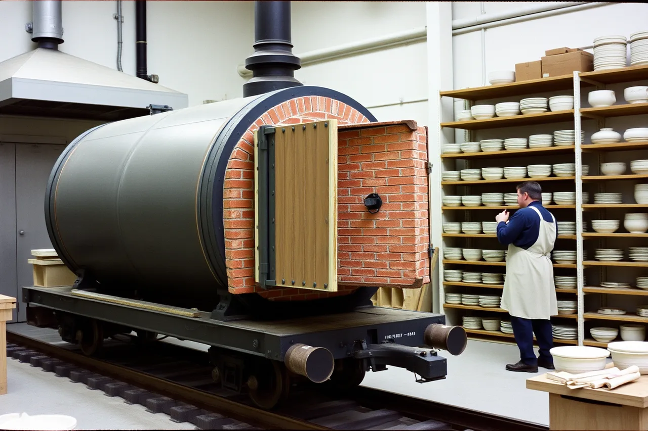 Open gas car kiln on rails in a ceramics studio (Independent makers and home pottery: what wage data says about the gap)