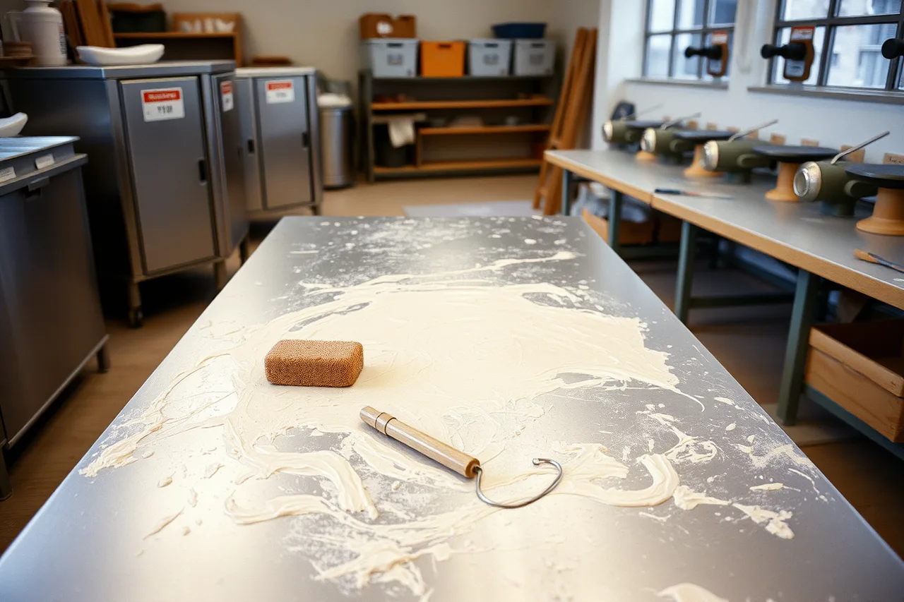 Stainless steel pottery table covered in clay slip with wheels behind (Stainless steel and refractory brick explain what pottery tools survive)