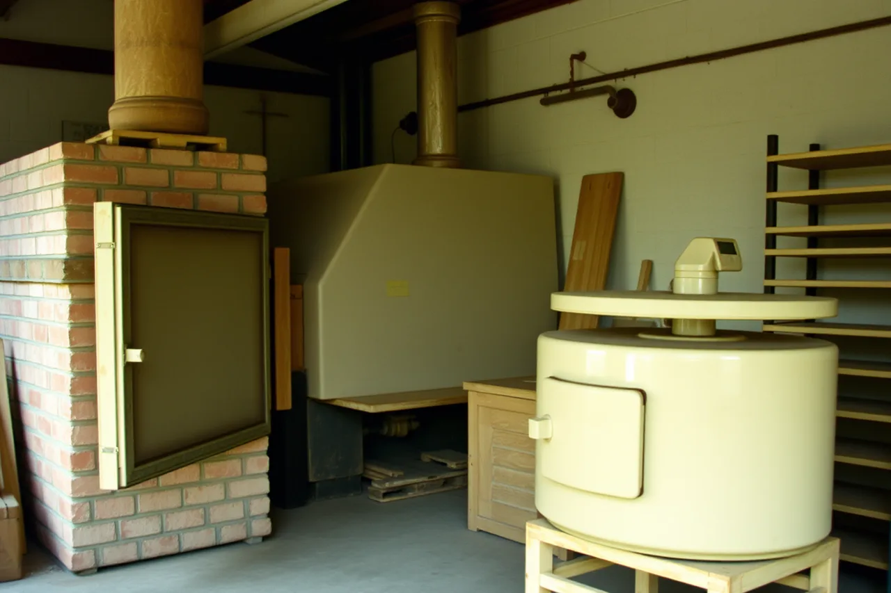 Downdraft gas kiln with brick door beside electric kiln (Stainless steel and refractory brick explain what pottery tools survive)