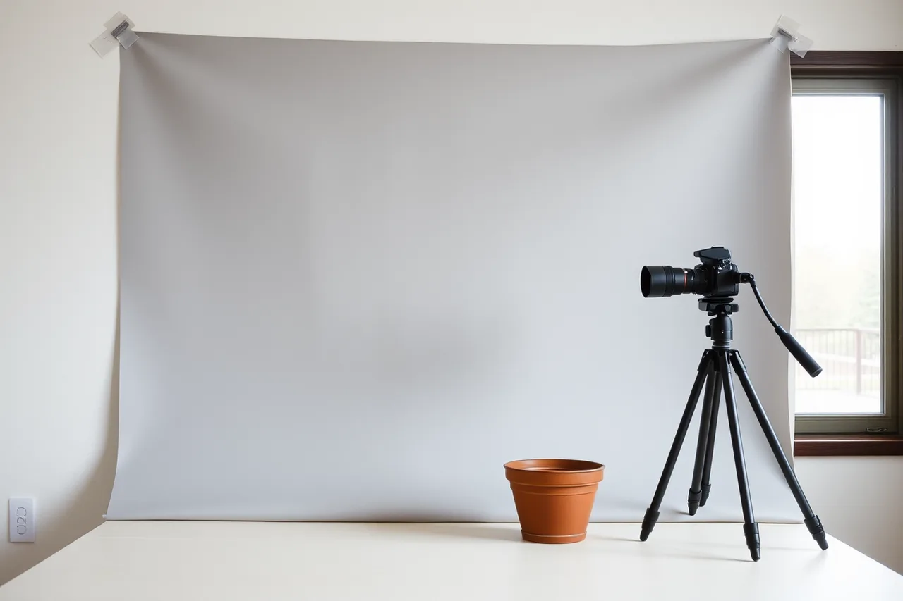 Gray sweep curved from wall to table with pot and tripod (Lighting a pot straight off the pottery wheel for a clean photograph)