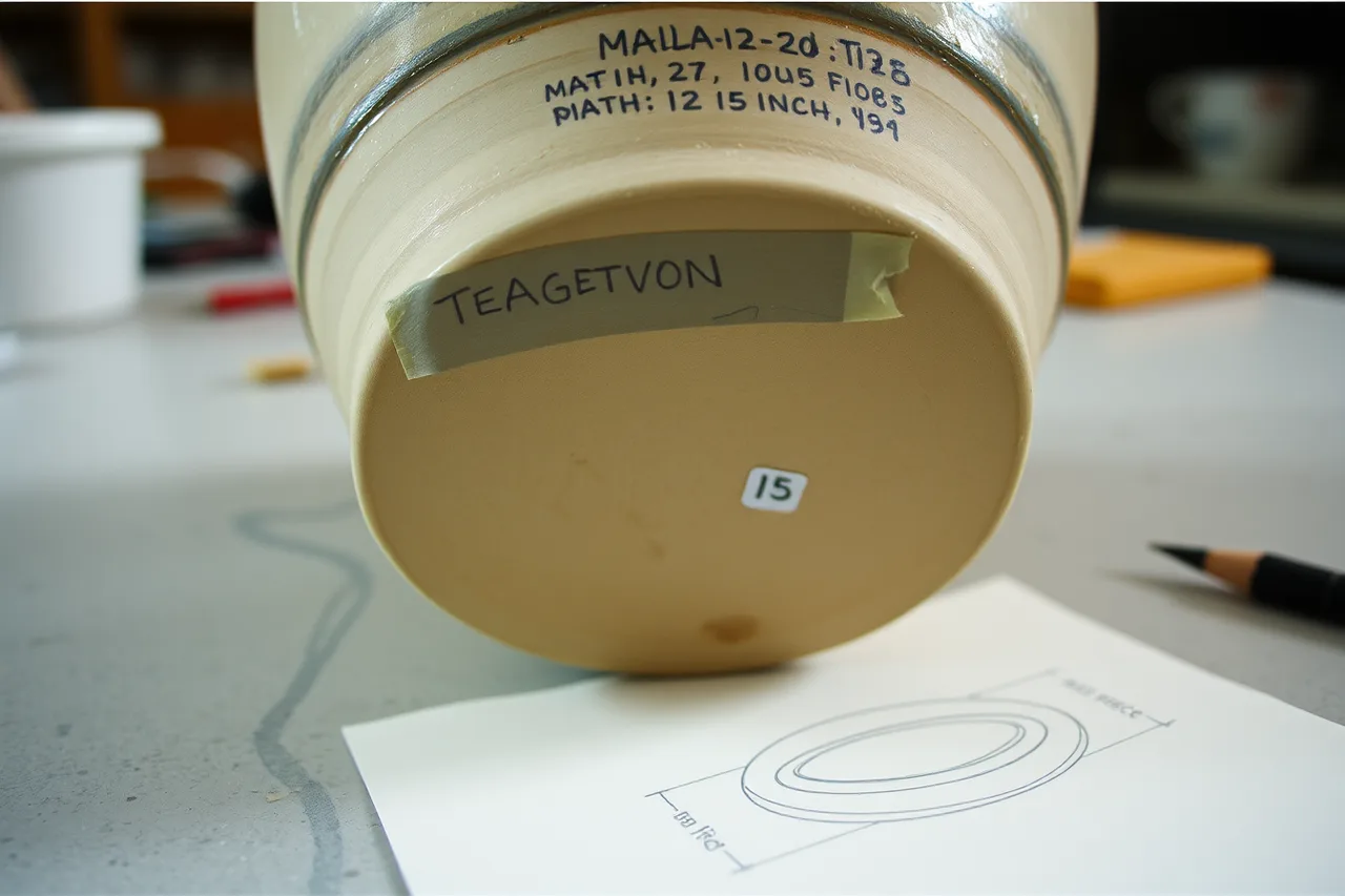 Back of a pot with taped label, dimensions and orientation number (How to prepare pottery for display: labels, handling, finishing and photos)