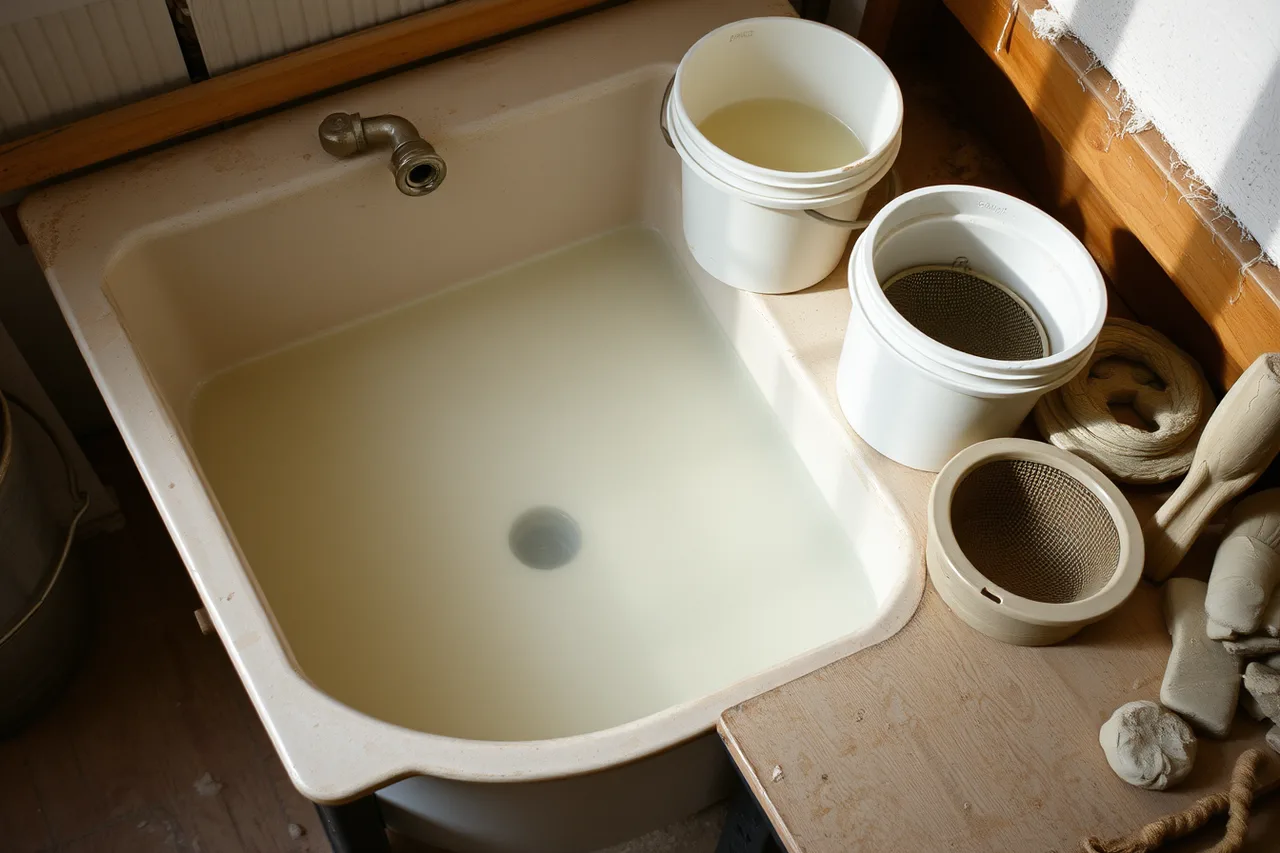 Settling sink with clay trap and two mesh screens (Keep the pottery wheel area dry with a settling-sink and shelf checklist)