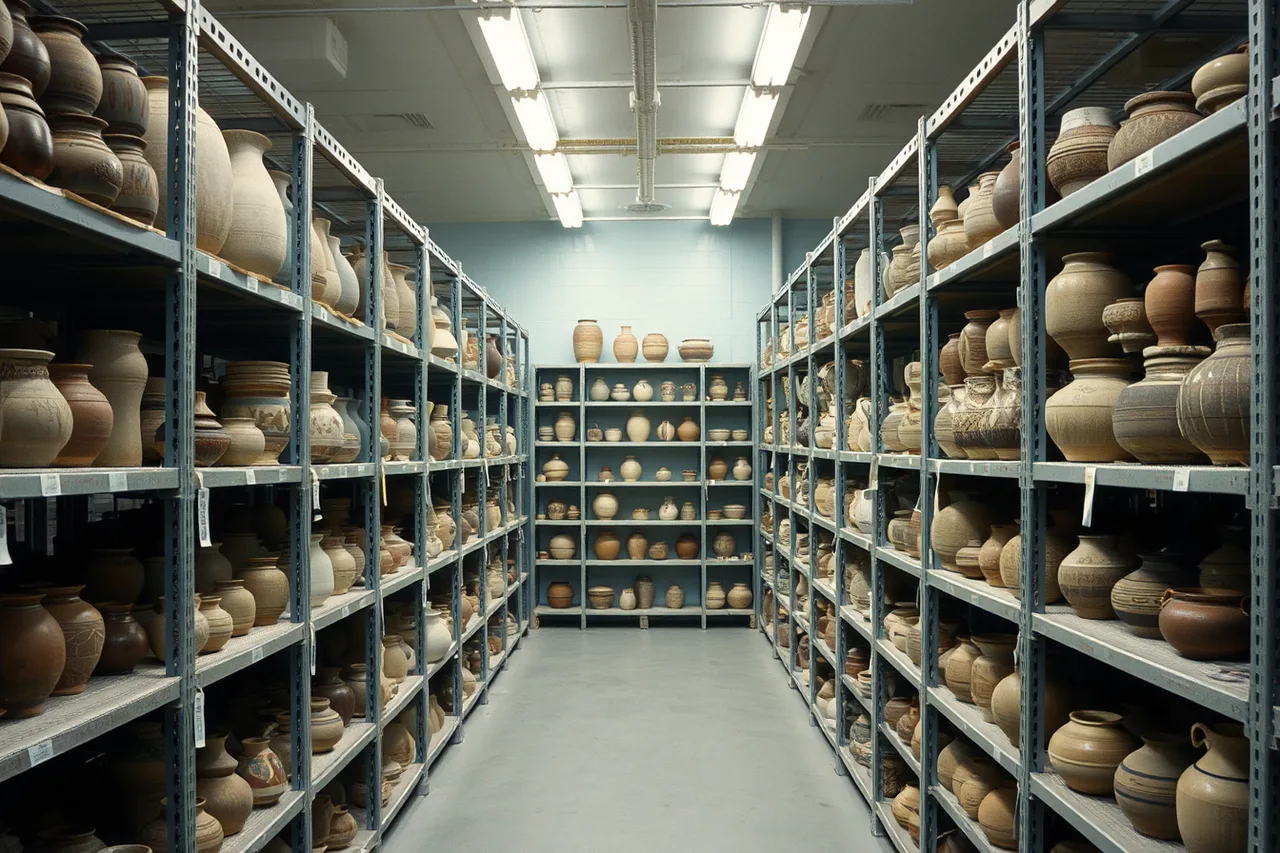Shelves of hundreds of historical clay objects in a university ceramics museum collection (Where should you look to find promising pottery studios in 2027?)