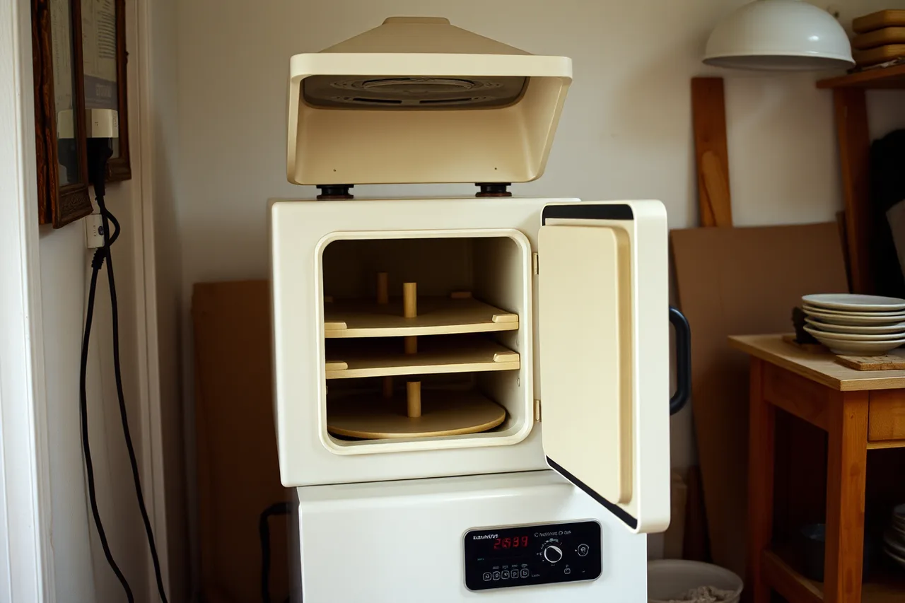 Small electric kiln with digital controller and stacked shelves in a home studio (What a home ceramics practice costs in Canada with clay, kiln power and GST/HST)