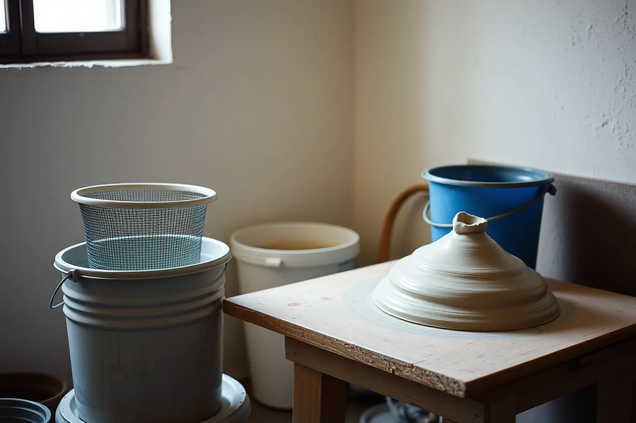 Potter pouring clay slip through a wire screen into a bucket (Clay recycling and dust control outweigh any single ceramics project tip)