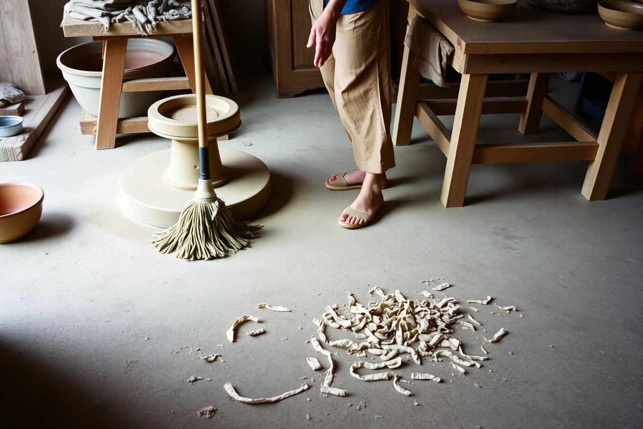 Potter wet-mopping a studio floor near a pottery wheel (Clay recycling and dust control outweigh any single ceramics project tip)
