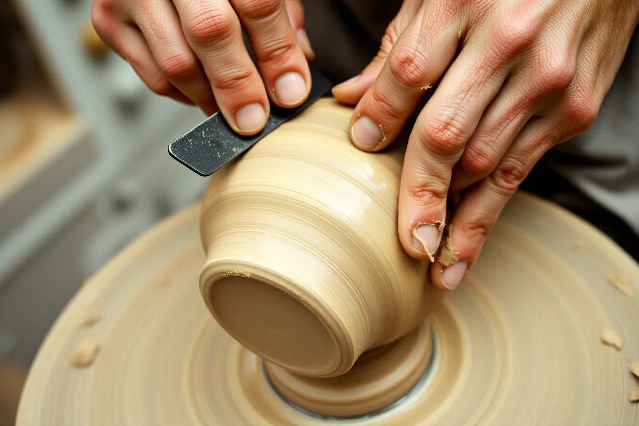 Hands pressing a serrated rib against wet clay on a spinning pottery wheel (Some purchases prevent pottery studio mistakes better than others in 2027)