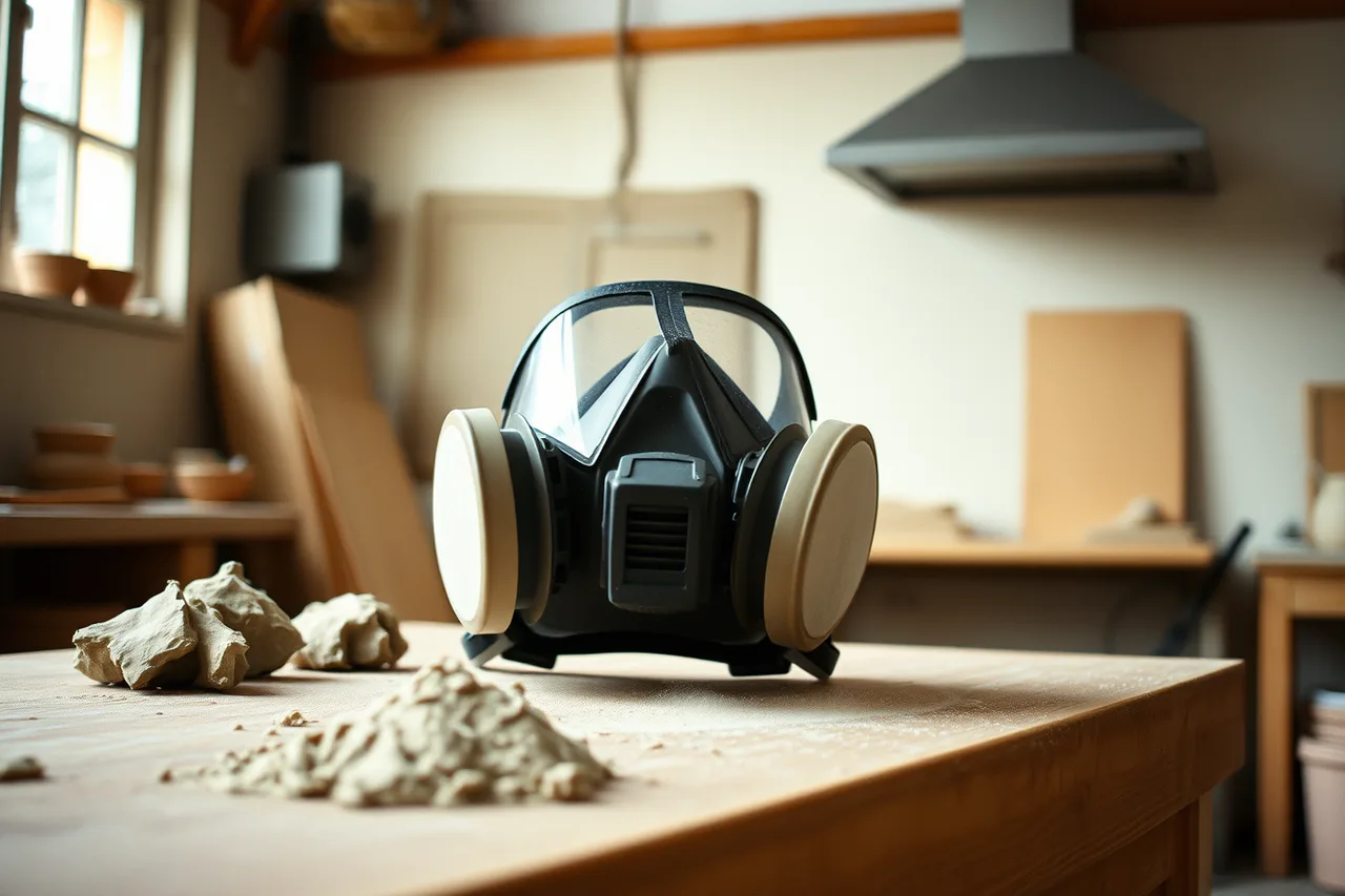 Potter in a fitted particulate respirator mixing dry clay dust beside ventilation (Some purchases prevent pottery studio mistakes better than others in 2027)