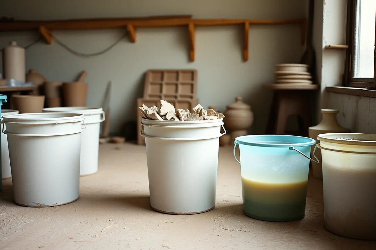 Studio recycling buckets with a broken fired pot beside the trash (Kiln rules that working studios publish: the lessons makers learn the hard way)