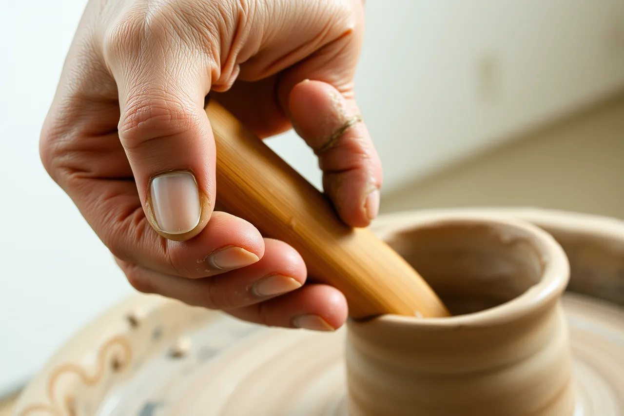 Hand holding a wooden rib in a curved grip at the pottery wheel (Grip and posture at the wheel: what decides how long pottery tools last)
